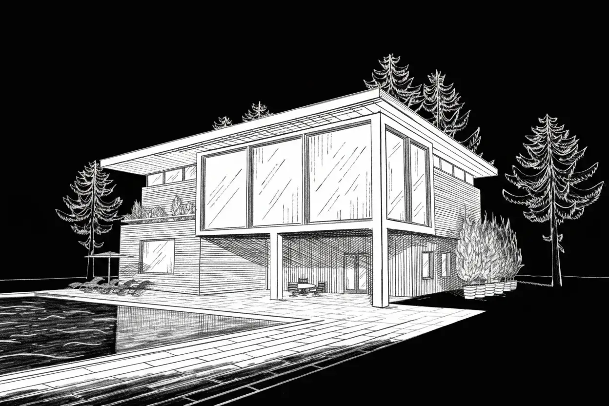 Architectural line sketch of a modern two-storey home beside a pool
