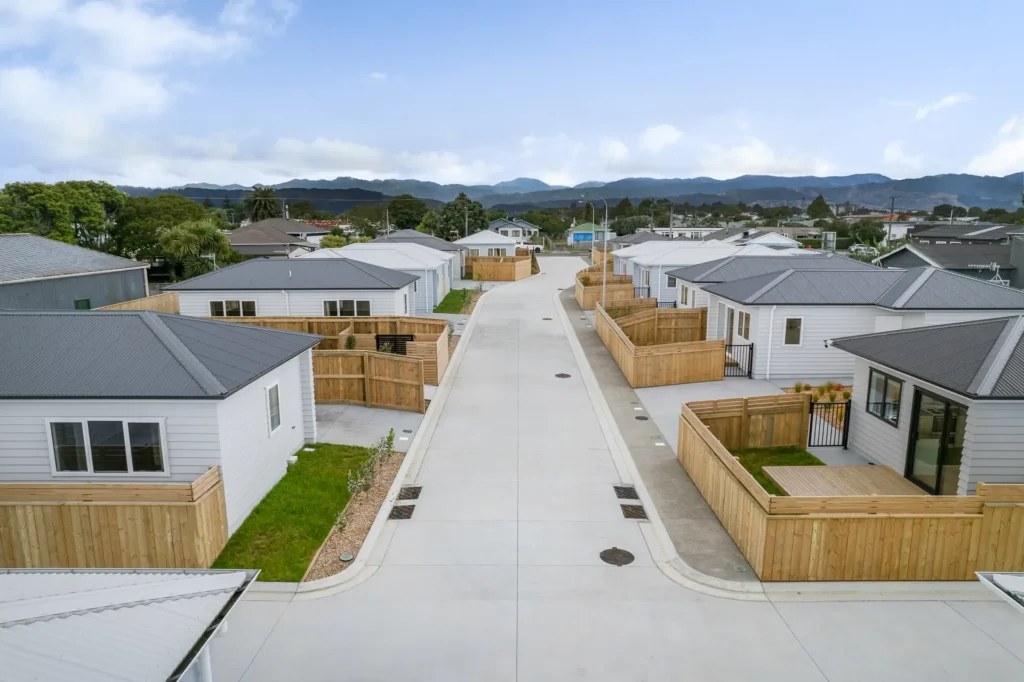 Aerial view of a completed medium-density housing subdivision